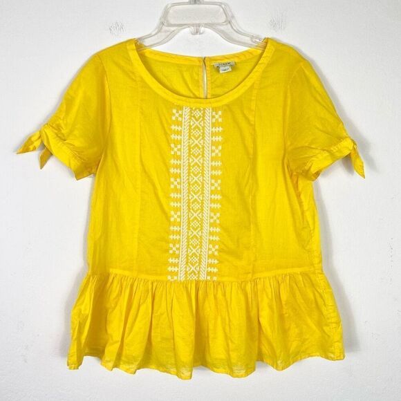 J. Crew Yellow & White Cross Stitch Embroidered Peasant Peplum Blouse Top Size 2 - Picture 2 of 7